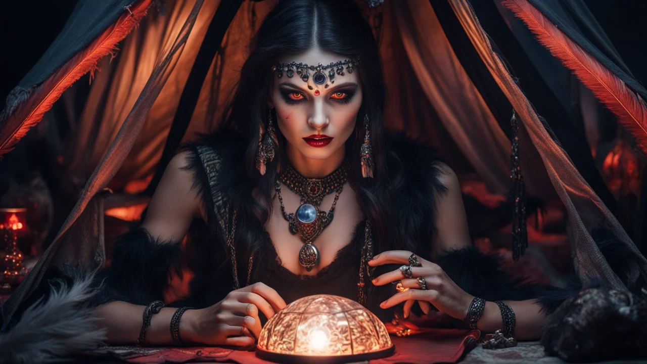 Hyper Realistic photographic-view of Wicked-&-Beautiful-Fortune-teller-with-glowing-red-eyes wearing black-beed-necklace-&-bracelet angrily Looking at her crystal-ball glowing magically & sitting in her tent at dark-night decorated with fancy-traditional-feathers-&-tarot-cards showing dramatic & cinematic ambiance"