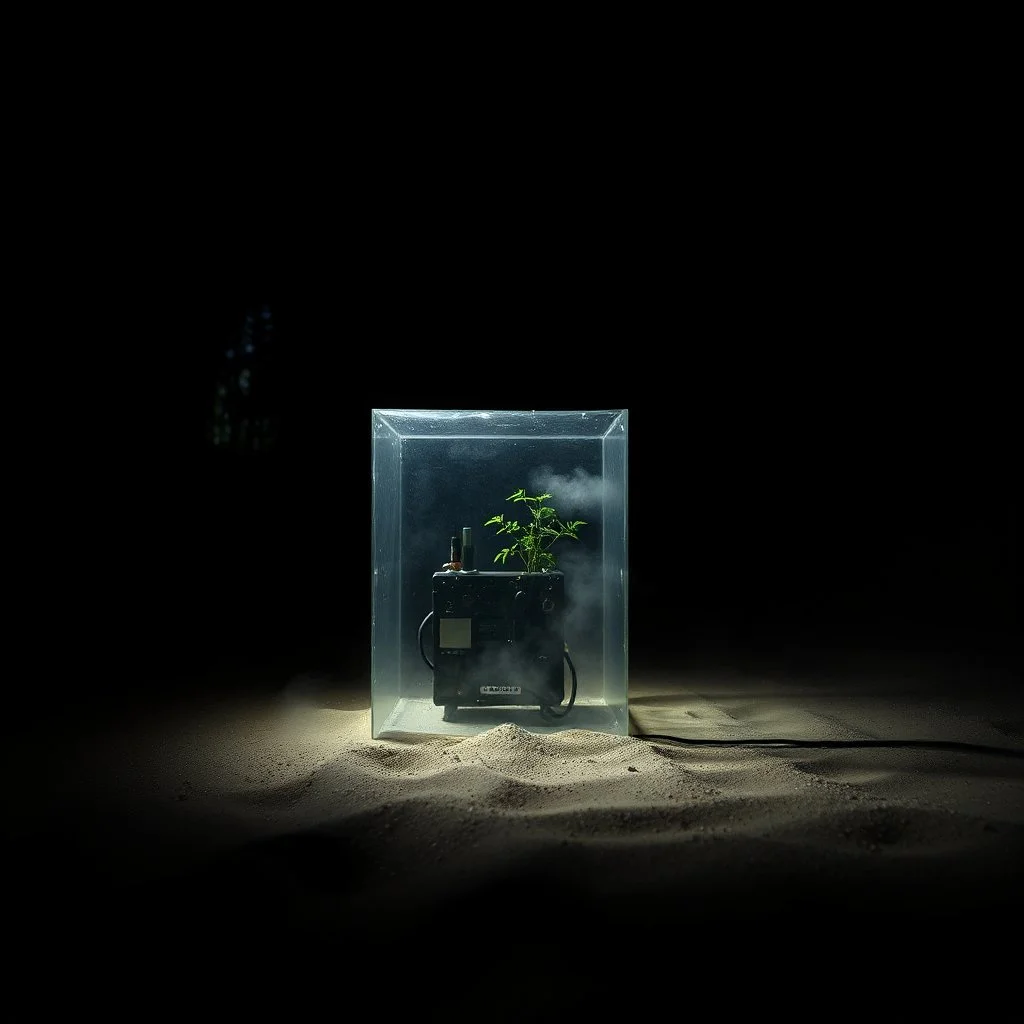 A photo of a dark, closed environment in a dark closed space. In the background there is a forest. At the center, a transparent structure made of plastic encloses some electronical devices. Plants, clouds. The surface below appears to be sandy, with small accumulations of sand. Fog, powder. In the background, other forms or structures are visible, some of which are thin and transparent. The photo was taken with a Hasselblad H6D 400c camera.