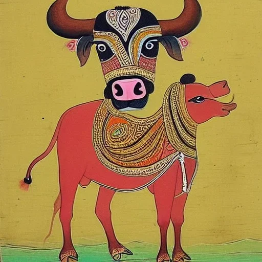 cow with wings holding a lotus and pen in Indian painting style