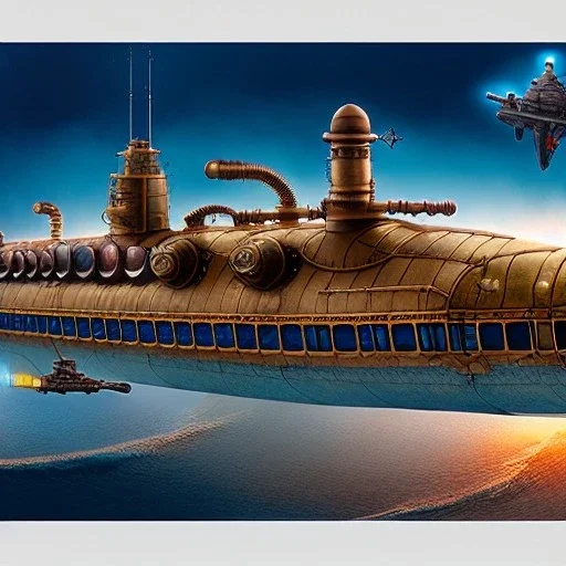 fullbody Drawing of 'sketch of Steampunk Submarine City',intricate detail,andrea bonelli,Kilian Eng,Ohrai,evan lee,Aleksandr Sidelnikov,KyuYong Eom,three quarters frontal aerial view,toned colors,16k