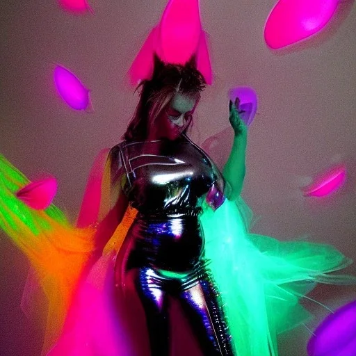 A 1990s or early 2000s magazine party photoshoot. Neon blob, metallic spikes, ethereal. Extremely detailed, HD photography, high quality, stylized, dramatic, high contrast, high exposure.