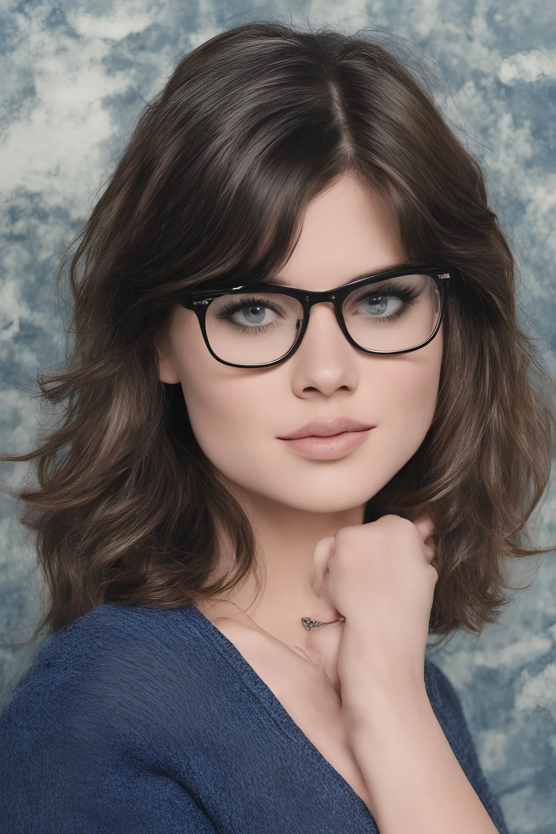 1980's yearbook photo, Lucy Hale, 1980's clothing and hair styles, 4k UHD, photorealistic, ((big, full, plump, pouty lips:1.5)) black hair, big cat-eye eyeglasses, dark blue foggy gradated marble wall background - Lucy Hale is so hot it makes me all warm and fuzzy just looking at her face