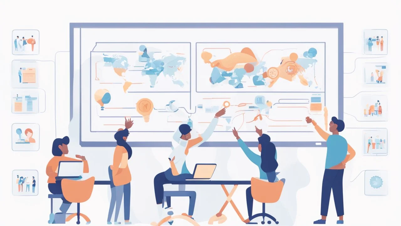 An image that conveys achieving success and skill development. The image depicts a group of individuals gathered in an inspiring teamwork session. They appear engaged in discussion and constructive exchange of ideas. In the background, a screen displays a chart or a conceptual map indicating various goals and pathways. Everyone appears enthusiastic and dedicated to collaborative work and continuous learning. The image reflects collaboration and a focus on achieving success through skill develop