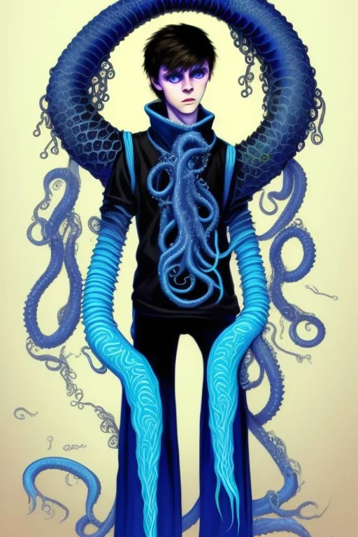 16 year old boy warlock with milky blue eyes, and lamprey tentacle growing out of his belly. in the style of HR Giger