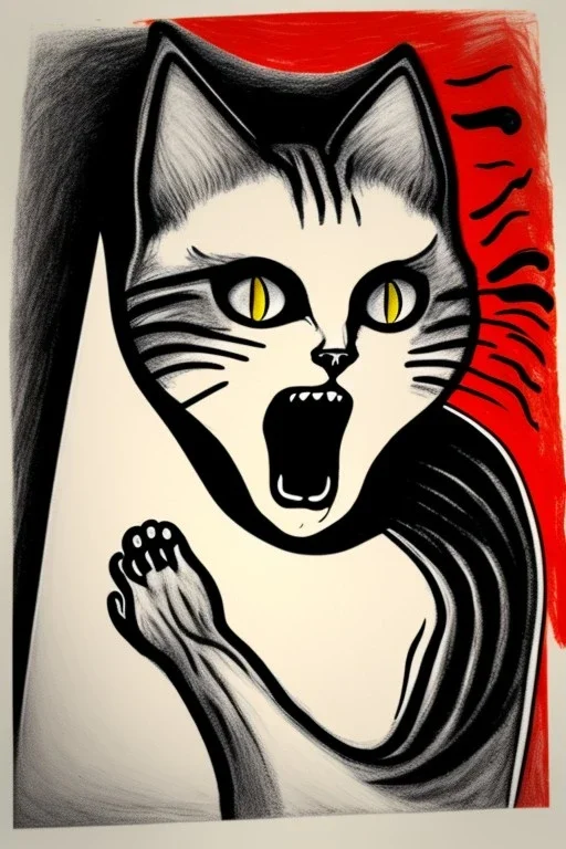 Cat holding her head with her hand like the scream Edvard Munch. Painting style of Edvard Munch