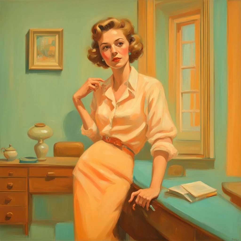 oil painting of woman in messy blouse pointing to her neck, 1950s architecture interior house, art deco furniture visible. peach orange and cyan interior