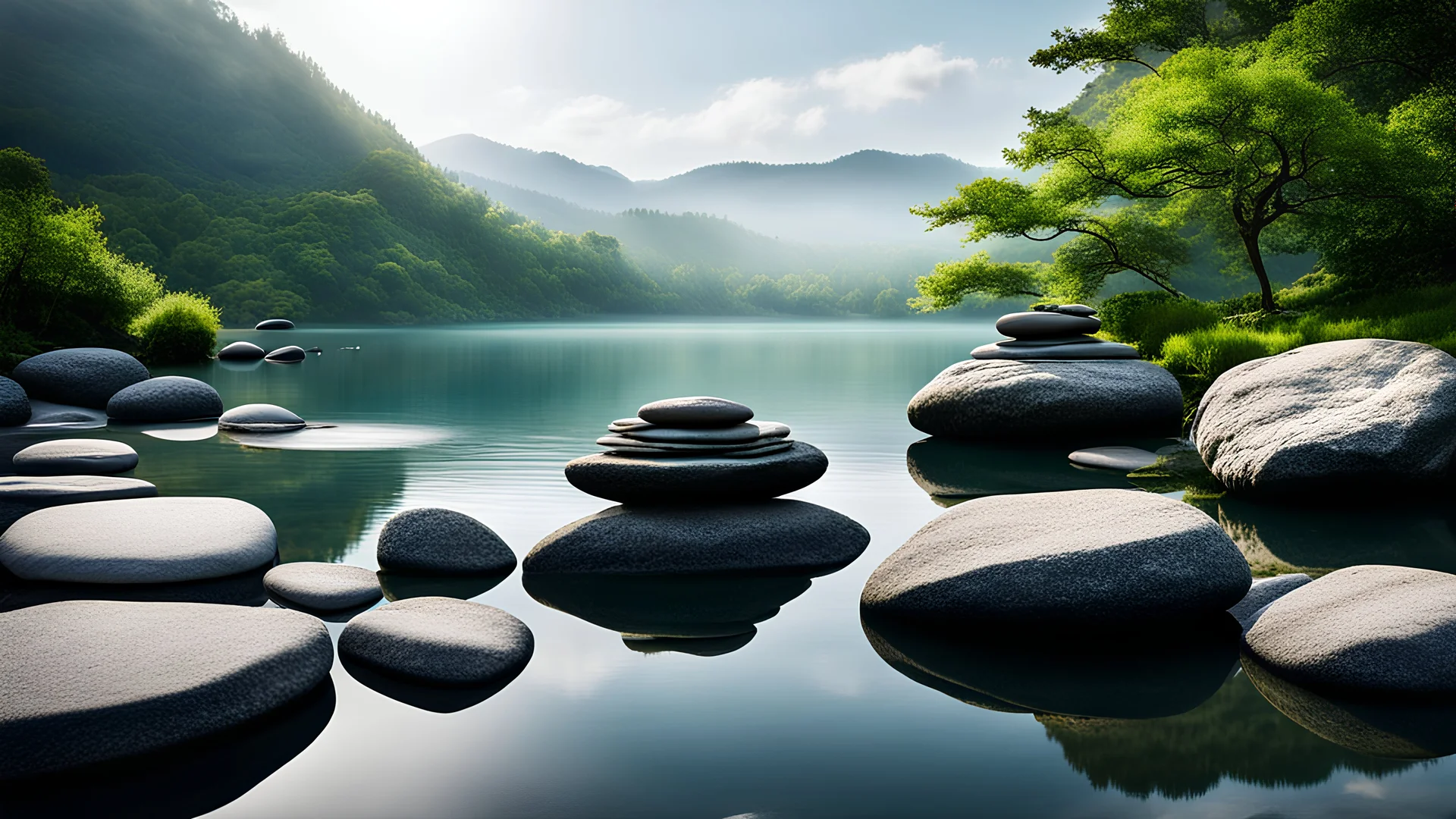 A serene summer scene . Rocks delicately balanced atop each other in the water form a minimalist, tranquil composition. This image exudes a powerful zen atmosphere, with its soft and natural background. It encapsulates the essence of environmental art and invites meditation in a zen garden or temple,reflections,dramatic scene