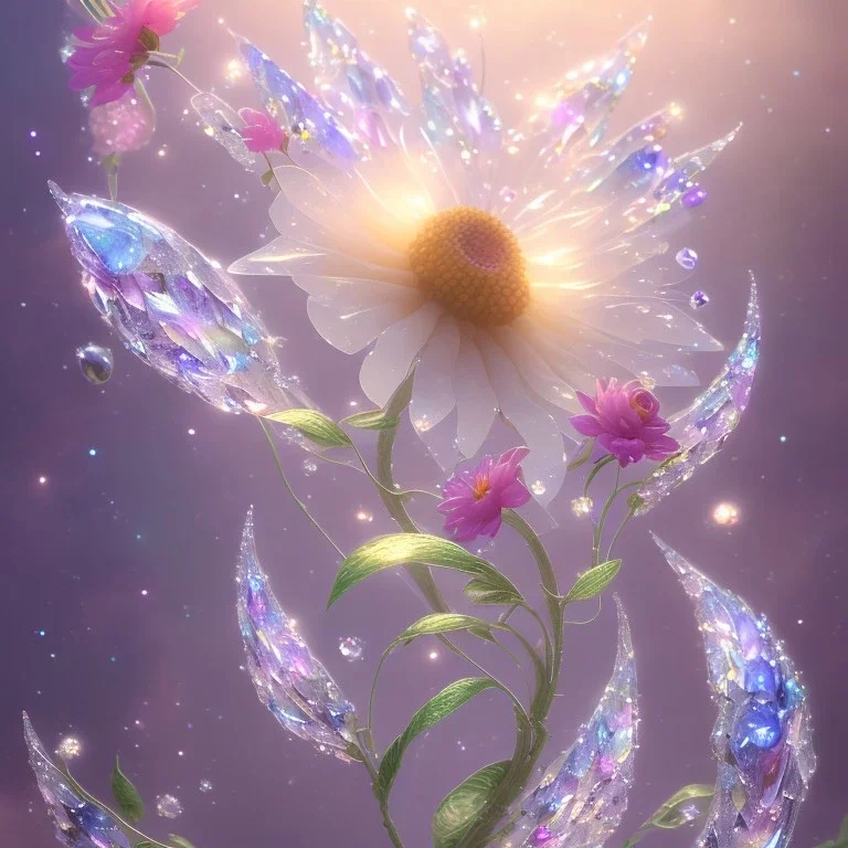 one big crystal subtle flower in a galactic ambiance with a beautiful fairy, transparent petals, delicate colors, in the foreground, full of details, smooth，soft light atmosphere, light effect，vaporwave colorful, concept art, smooth, extremely sharp detail, finely tuned detail, ultra high definition, 8 k, unreal engine 5, ultra sharp focus