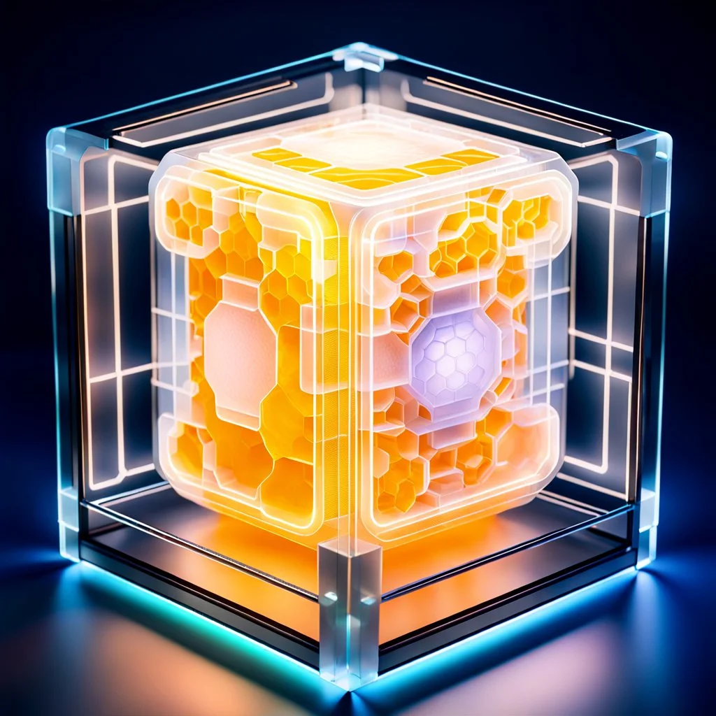 a futuristic translucent neurocube, inside the cube there are partitions made of honeycomb plates