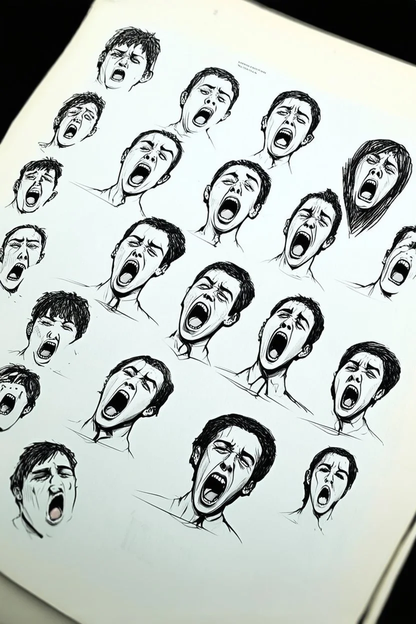 sketch of many faces on a pages, screaming and sad