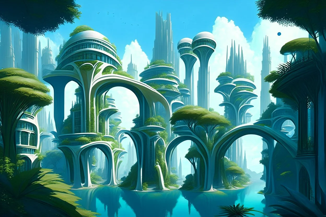 A futuristic alien city, with balconies, verandas, many arches, bridges, spires, paths, trees, dense foliage, Spanish moss, ivy, river, blue sky, white clouds