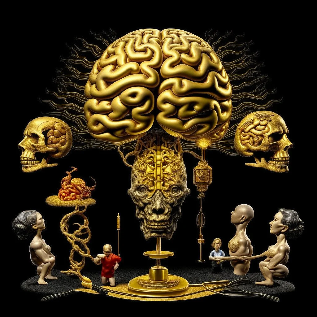 a huge golden brain supported by very small beautiful Asian female human bodies, Communist propaganda slogan banner,complex surgical instruments,a newborn boy between light and shadow, black background,surrealism, symbolism, minimalism, sculpture by Lucian Freud, Rene Magritte, Salvador Dali