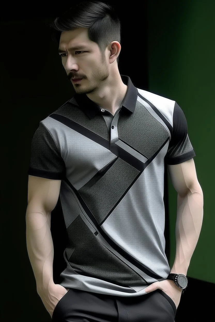 Man's Casual polo shirt with black and grey diagonal triangles