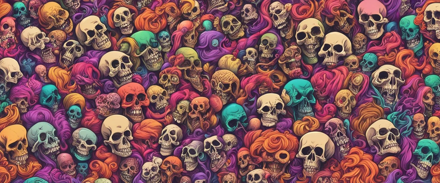 a field of 1000s of cartoonish, anatomically correct, skulls, vivid RANDOM BRIGHT neon colors, dark comedy, well lit, high detail, photorealistic, horrorcore, fun, scary, dead, 100% detail on all drawn, nothing partial or filler, by disney