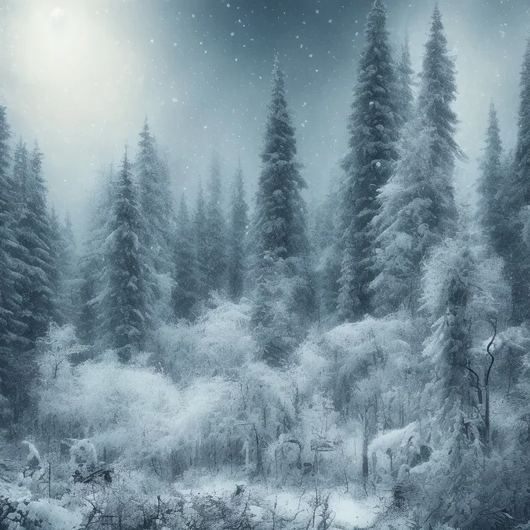 lost in the woods, winter landscape, ice field, crystals, surreal, dreamlike, foggy