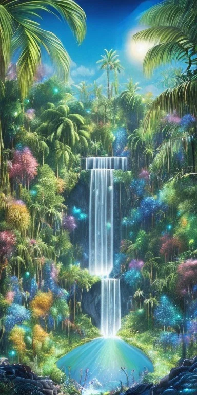 Triipy rainbow turquoise neon waterfall with palm trees sparkling at night in a cave detailed realistic glowing