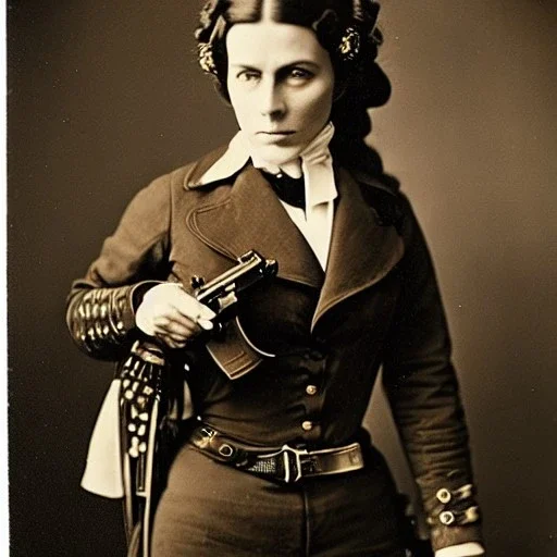 sepia portrait of female western outlaw wearing holster with guns around waist and belts with rows of bullets criss-cross her chest, 1800s, 8k, high-quality, ultra-fine detail, Brian Froud, Howard Lyon, Alfredo Rodriguez, Jack Sorenson, G. Harvey, Annie Stokes, Lilyan Tashman, Lousie Klement, Greg Rutowski