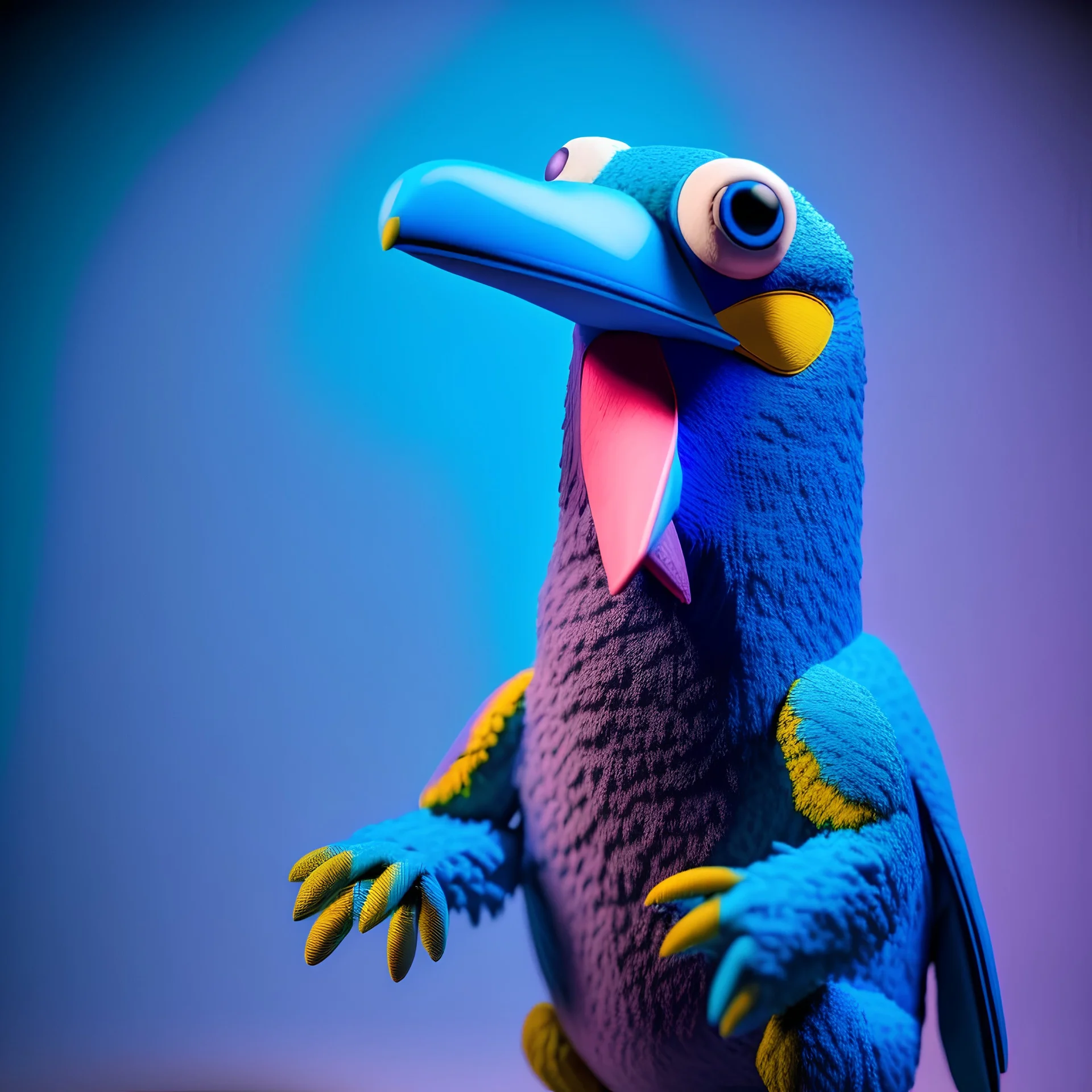 bird puppet, whole body visible, lookig at camera, tongue out, blue rubber suit, night scene, pastel colors, strong shadows, real skin, photorealistic, vintage, 4k, extreme details, blender quality