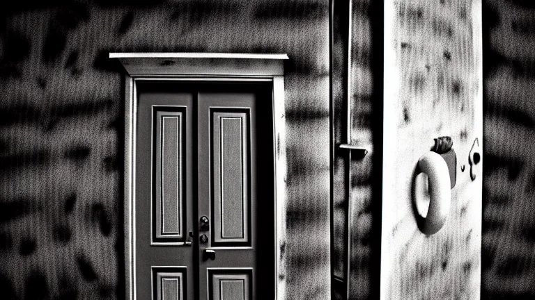 unhinged door, anime, monochrome, black background, ink, simple, maximum quality, broken hinge, barely functioning, why is it still being used it's a health hazard