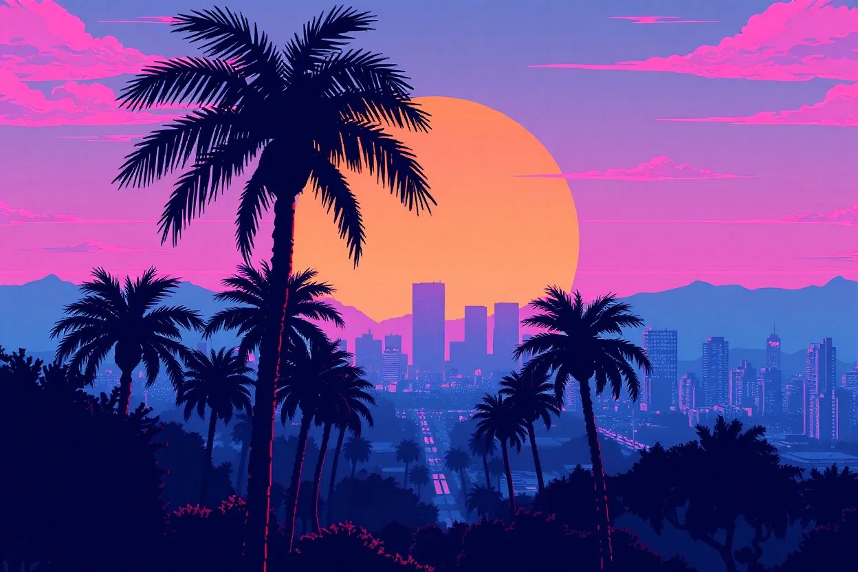 8 bit pixelart of synthwave sun, synthwave color only, palmtrees synthwave, synthwave collored, vaporwave, grid, city skyline,