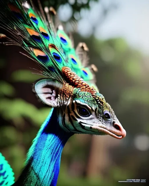 Close up photo of realistic exotic animal creature with the full head Fully covered with colores of the peacock , high quality, very detailed, masterpiece, 8k,uhd,vfx,artstation,very epic, perfect anatomy,beautiful environment ,