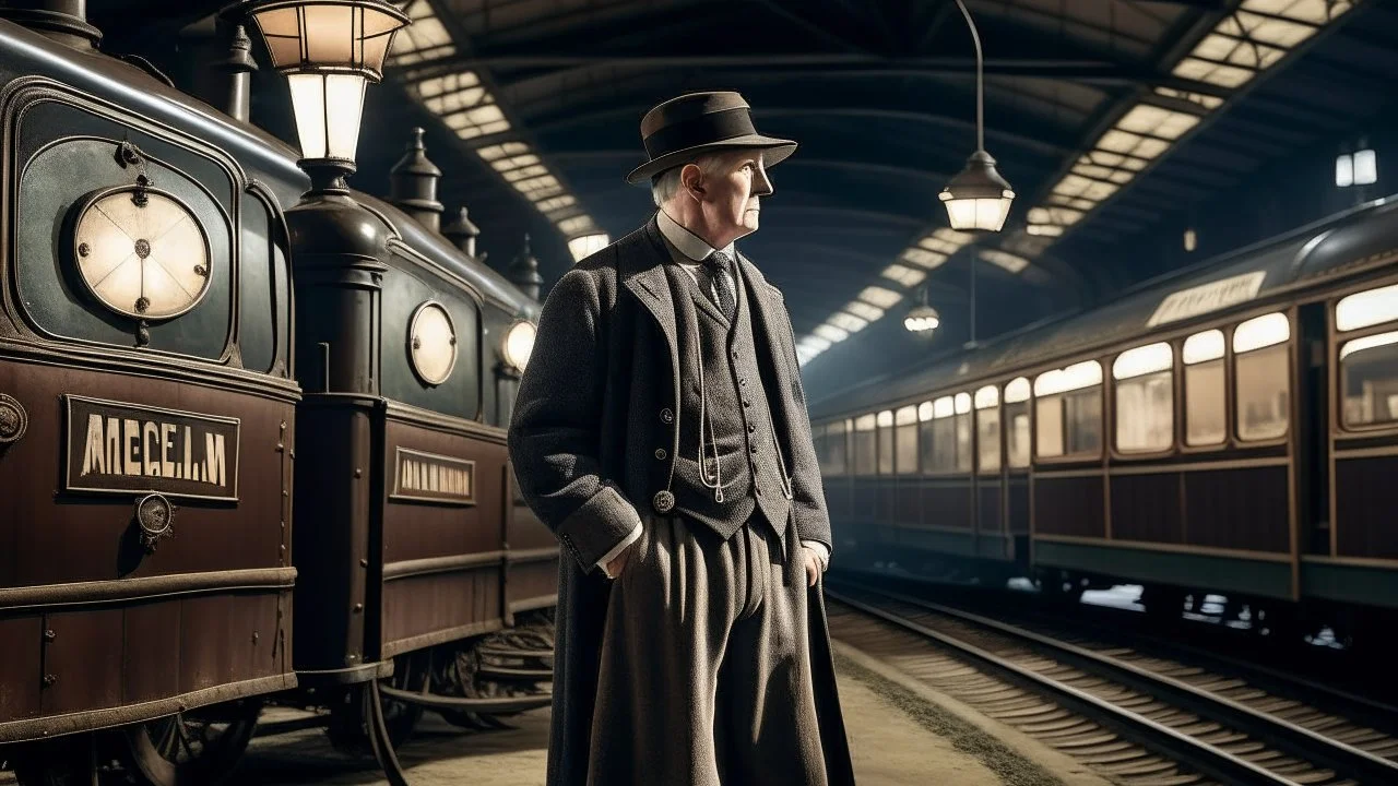 A person in vintage clothing standing at a train station with a steam train in the background, under hanging lamps, with signs for trains and news visible