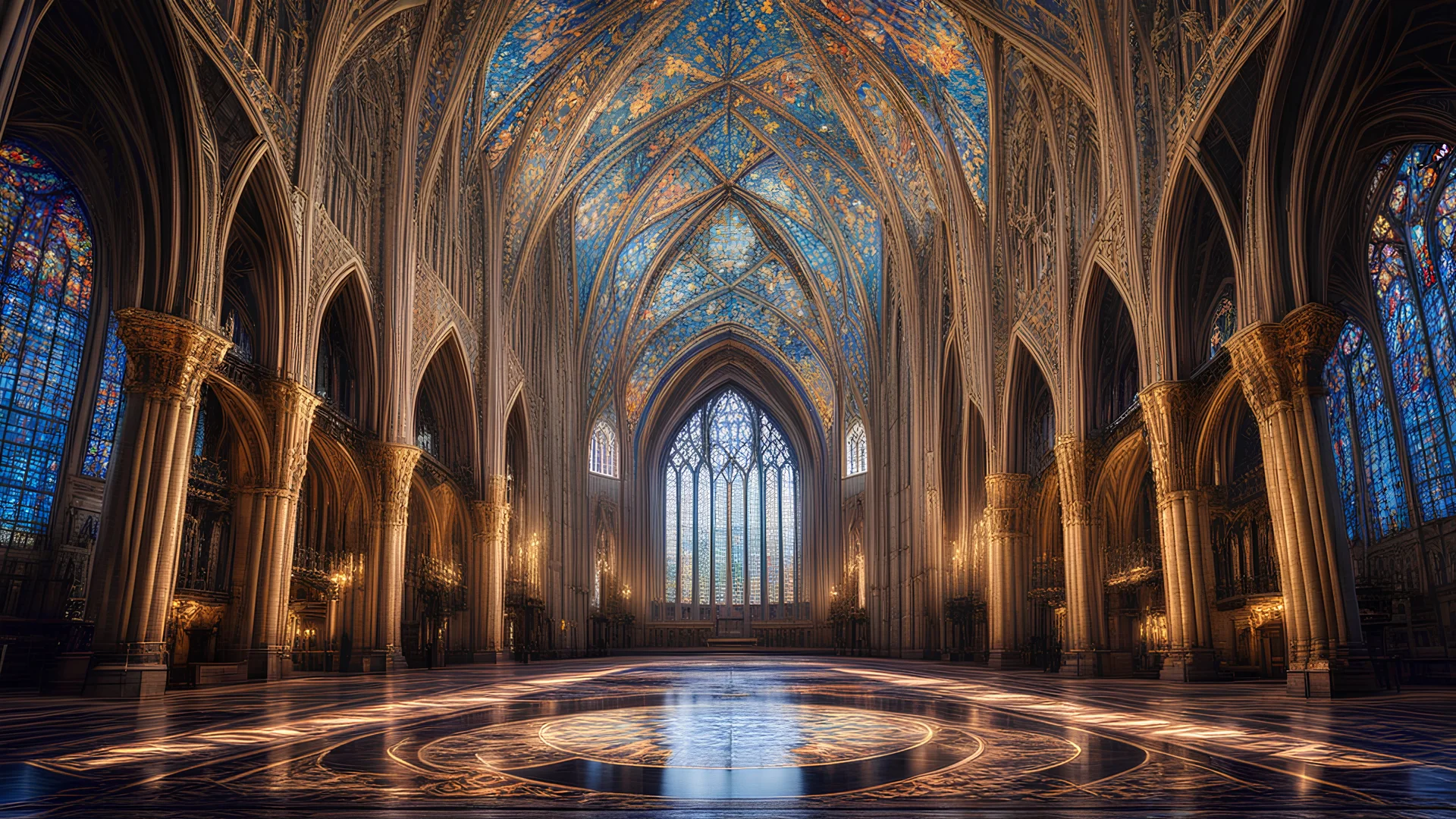 futuristic fantastic symmetrical cathedral internal view, year 2080, night, beautiful, colorful, totally symmetrical design, style William Morris, English arts-and-crafts movement, innovative architecture, award-winning photograph, awesome, serene, inspiring, spiritual, impressive, Cinematic lighting, Epic composition, Photorealism, Very high detail, Unreal Engine, Octane render, HDR