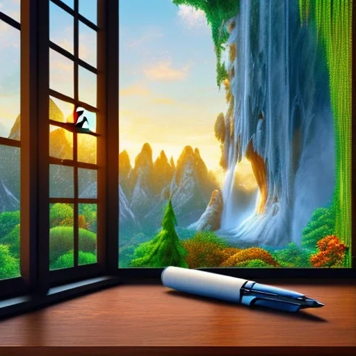 desk, parquet, sheet of paper, little pen, in front of a huge picture window with large view on a waterfall with warm light, sunset ,pixar style, panorama, nature, globe, HD, Hallelujah mountains