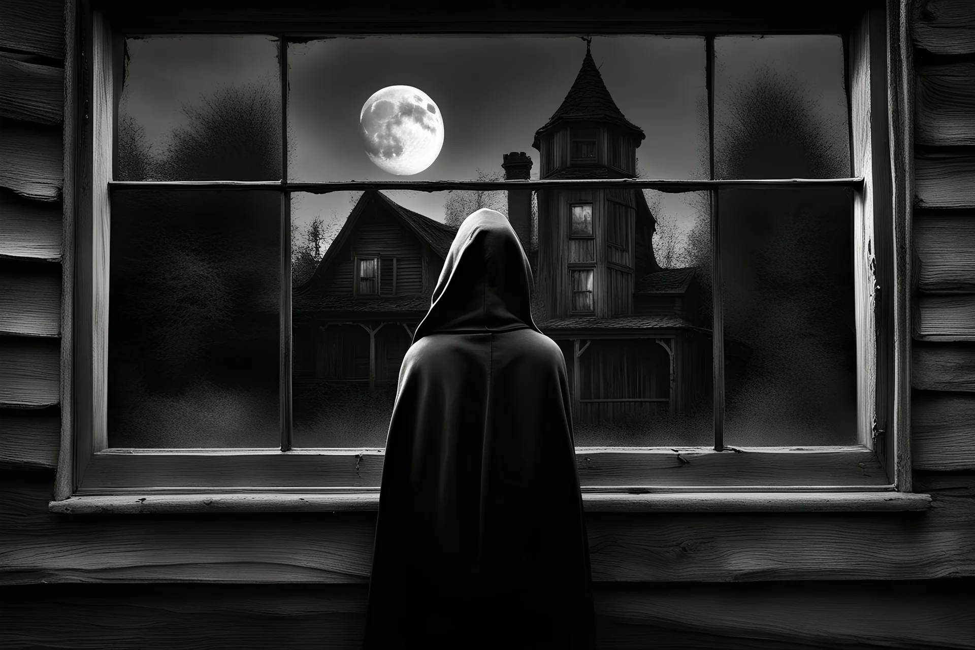 fantasy, black and white, surrealist, high contrast, high shadows, ambient mystery, tim burton character, a woman with cape and hood is outdoor, a woman old wood house and look through window inside house, woman with her back to the camera, close up window, light on inside house, woman in front of window, light on inside house, reflection moon in a glass window