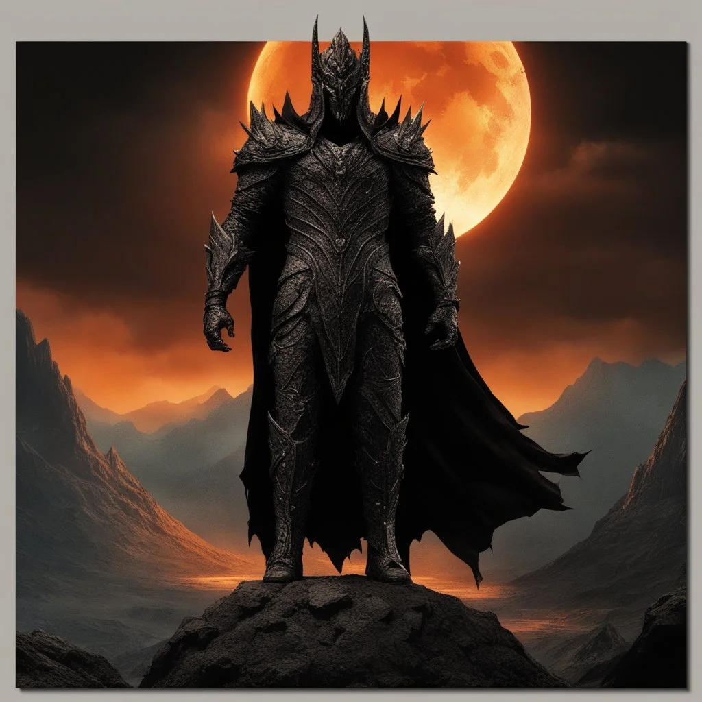 Sauron the mighty lord of darkness standing on a rock in the dark land of Mordor,A superhero MAN with infinite power and technology from the galactic race,with great army,realistic