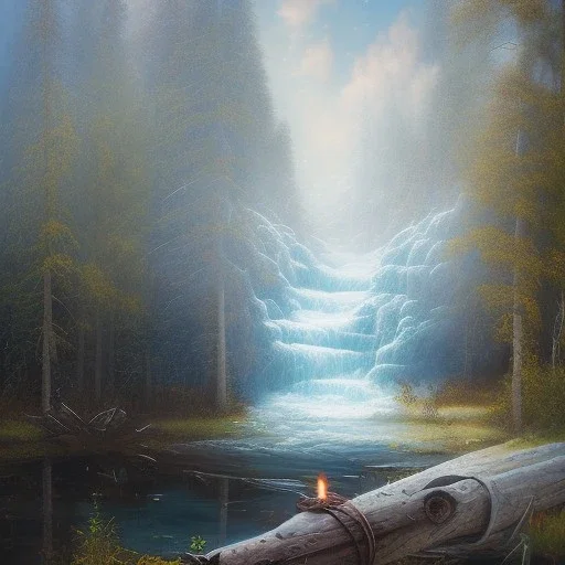 spray painted fantasy art, book illustration, sitting by a big log bonfire, in the background the stairs of a dam in the magical forest ,icy water