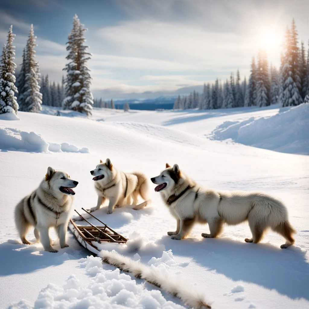 Create an image of sledge dogs that drag a sled in the snowy expanses of Alaska on which sit four Eskimo children dressed in white bear fur coats, the sled makes deep tracks in the snow, in the background of his circle in front of which stands an Eskimo hunter with a catch of fish, afternoon photo, outdoor photo, photo Realistic, 18K, wide lens