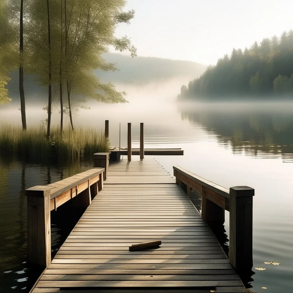 Generate a serene lakeside scene with a wooden dock stretching out into the water. Include a rowboat with oars resting beside it and a peaceful mist rising from the lake."