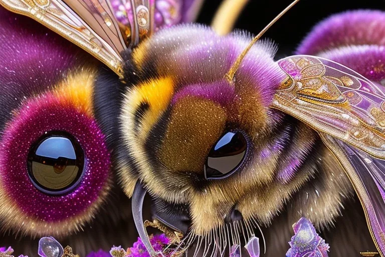 Beautiful symmetrical fluffy bumblebees dining at a feast of flowers, glitter, detailed fractal gems, fractal crystals, intricate, hyperdetailed, complex 3D filigree, ornate, metal, by "Greg Rutkowski" hyper realistic, photorealistic, incredible composition, amazing depth, imposing, 16k, detailed art illustration, vibrant, by "Josephine Wall", "Brian Froud"