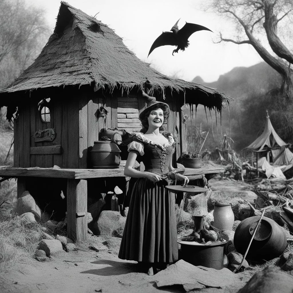 [high res photo by Ray Harryhausen] She lived in a world of magic Possessed by the devil's skew From her shack near the swampland That's made of mud-pie brick Marie stirred her witch's brew