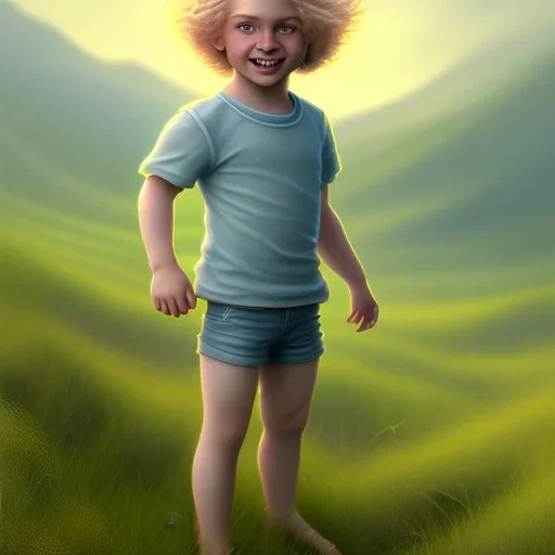 full length photograph of a beautiful boy with long, blonde curly hair and light blue eyes, smiling, standing on a green hill in summer, highly detailed, digital painting, smooth, realistic, HDR