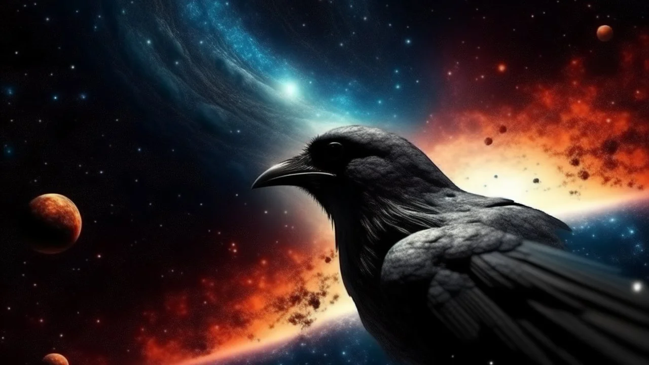 Crow in a space an the background of planets,