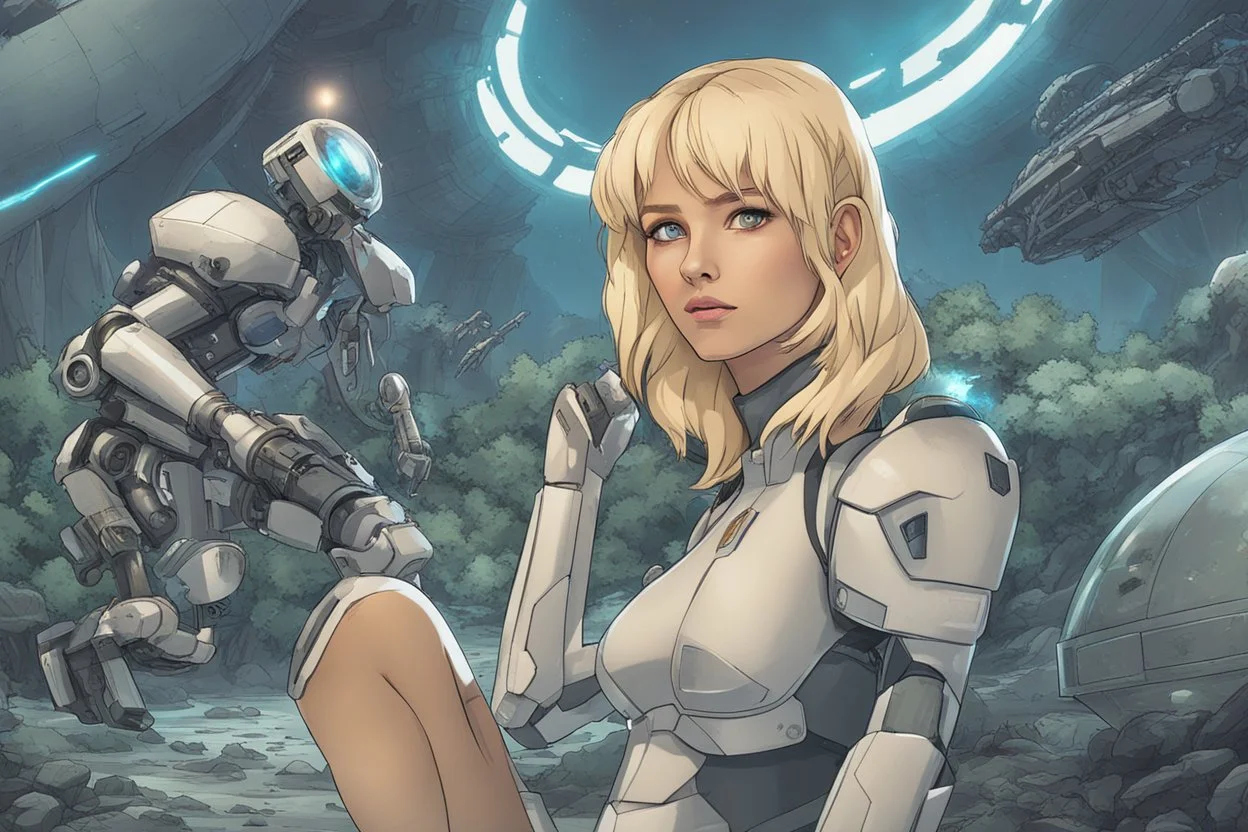 Wide-angle, full body of a woman, with straight blond hair, dressed like a robot, with equipment in her hands, next to a crashed spaceship, on an alien jungle world in the multiverse