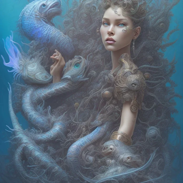 sango fantasy, fantasy magic, intricate, sharp focus, illustration, highly detailed, digital painting, concept art, matte, artgerm and paul lewin and kehinde wiley, masterpiece sexy lips Hawaiian afro lips black African lady body mermaid lionfish head blue space lady sea under water mermaid seaweed pyramid