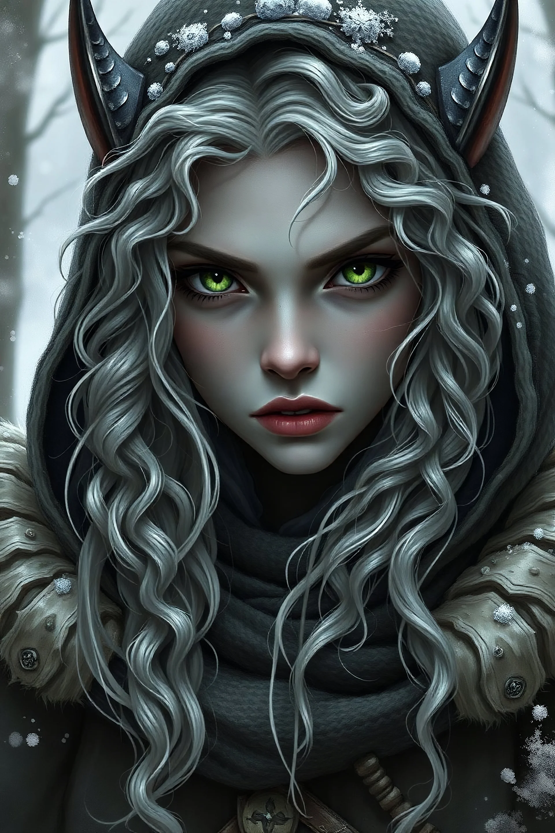 dnd drow elf girl with gray skin, long silver curly hair and green eyes in winter clothes with hood with serious face and sharp features