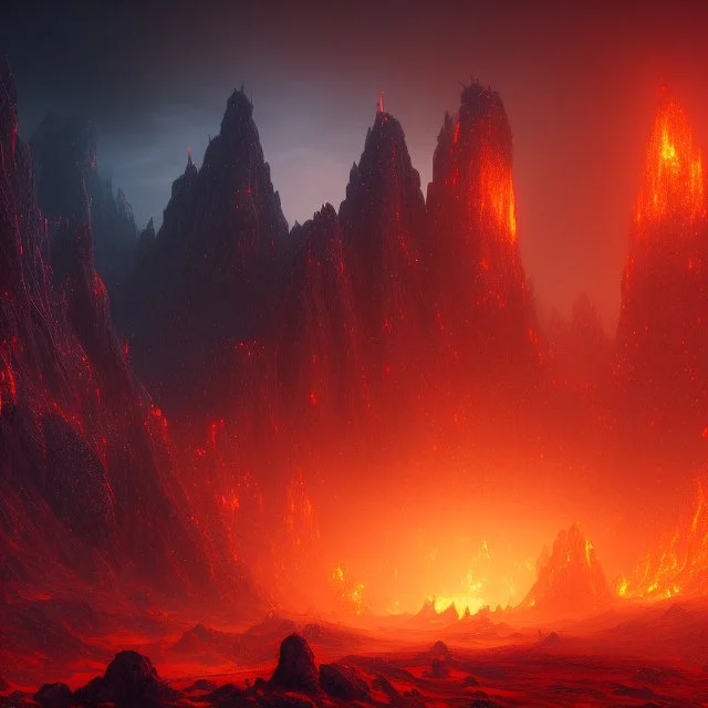 dynamic lighting, Intricately detailed, deep color, Unreal Engine, volumetric lighting, Hell landscape, Hell concept art, Hell fantasy artwork, Mountains, nightsky, orange, red, nebulae,