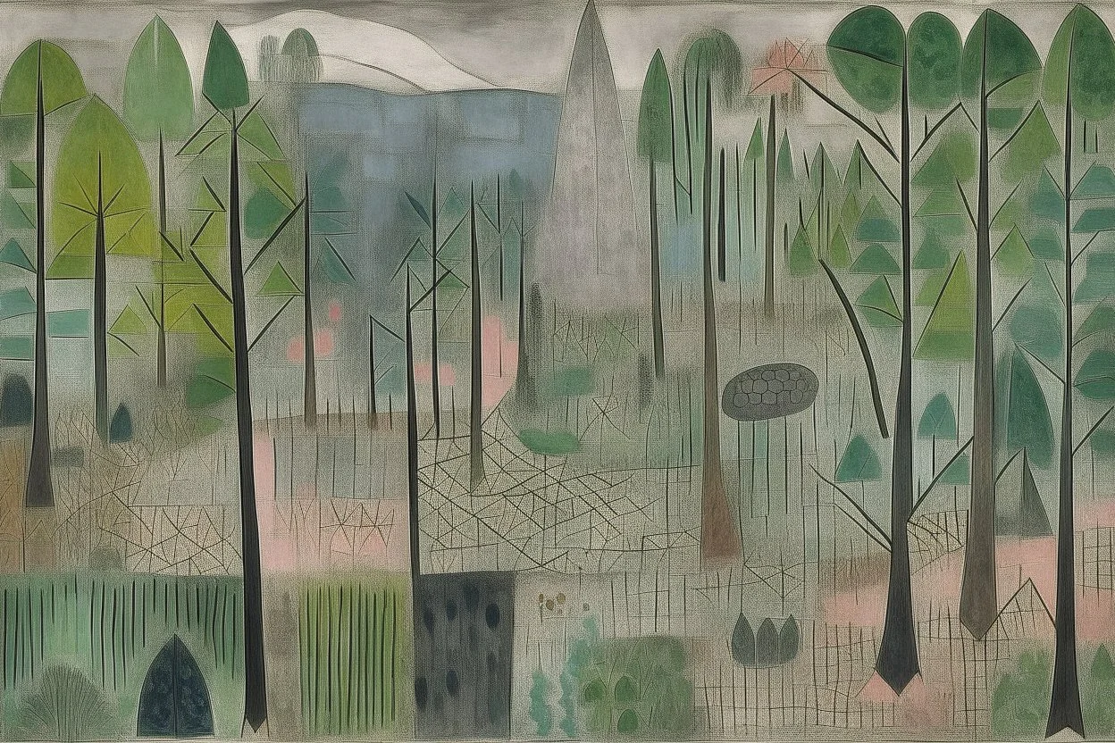 A gray jungle with a toxic river painted by Paul Klee