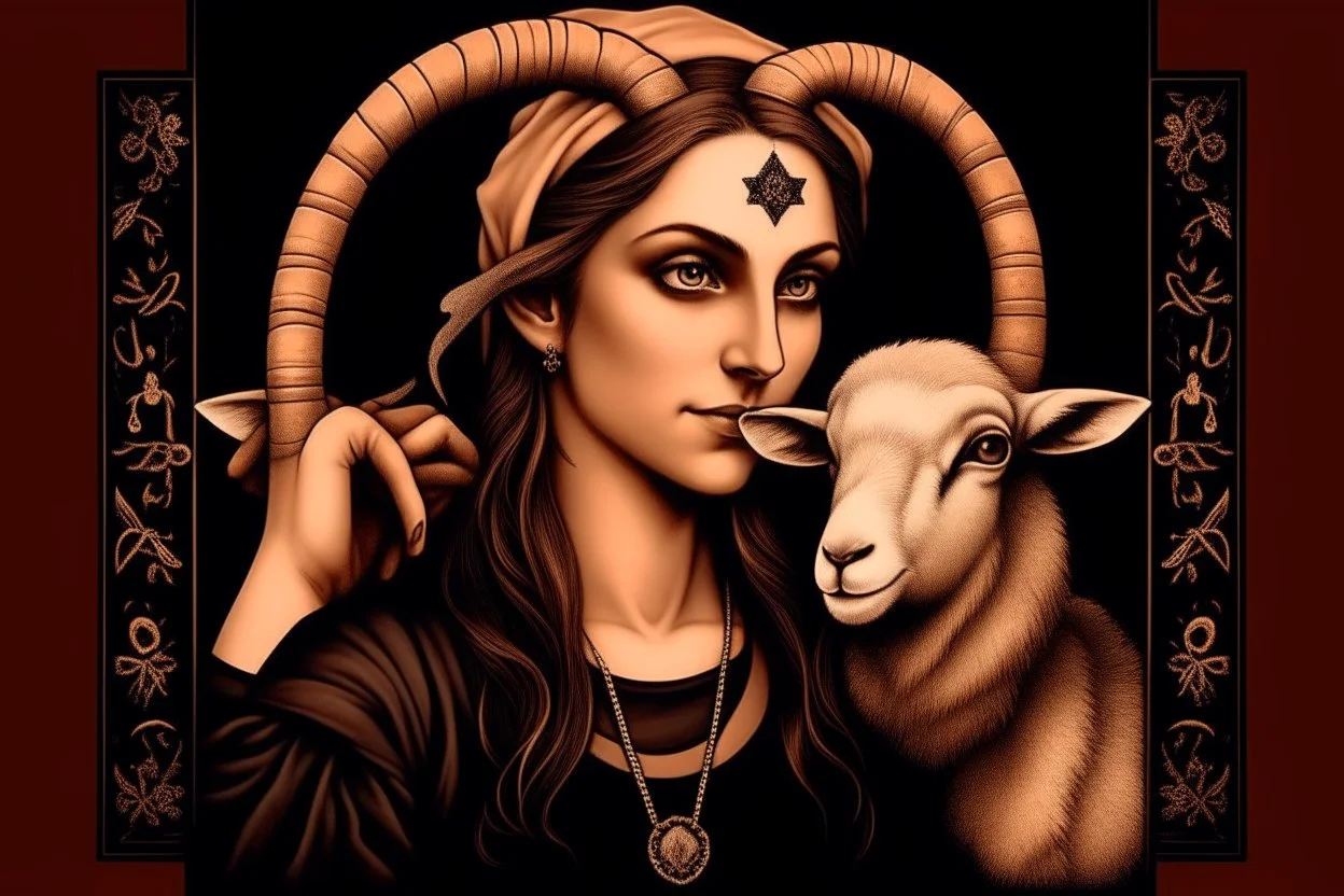 attractive woman with head of a goat, holding a human baby, baphomet