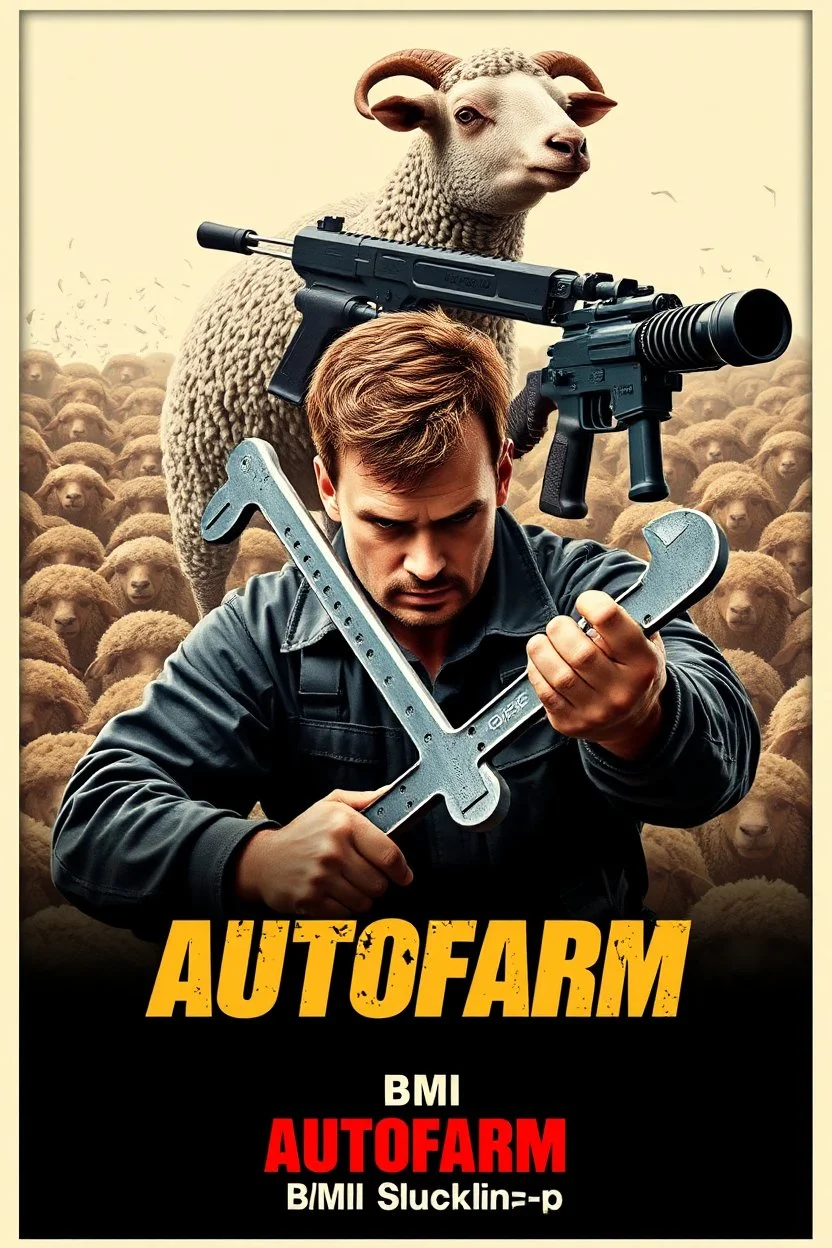 "Design a 90s-style action movie poster titled 'AUTOfarm.' Feature a heroic mechanic in the foreground, fiercely battling thousands of adversaries with a spanner. In the background, include a determined sheep wielding a machine gun. Capture the high-energy, gritty aesthetic of classic 90s action films, with intense and dynamic elements. Prominently display the subtitle 'BMI - BMI Suckin-p-p' in bold, impactful lettering."