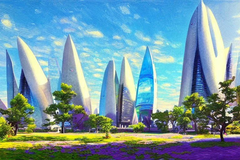 Sunny Day, futuristic buildings near the tree zone, sci-fi, realistic vision, impressionism painting