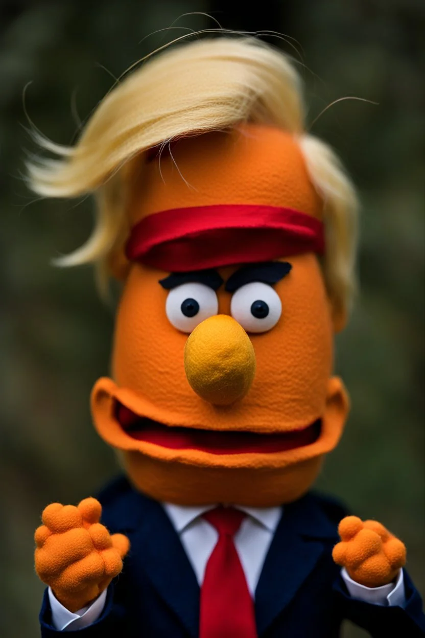 a Film Photograph of a realistic angry orange Donald J. Trump Muppet made of felt and wearing a dark blue suit and red tie and with blonde hair combover, he is old and angry