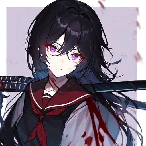 Clear focus, High resolution, rough line sketch art, long black hair, hair between eyes, fluffy hair, purple eyes, wearing a black and red sailor uniform, dark aura, mad, holding katana, bloody mess, glowing eye, looking down on viewer