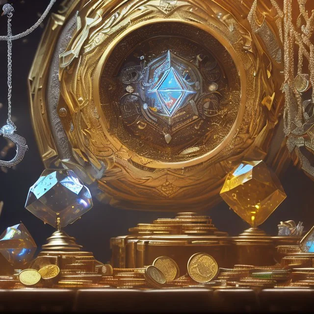 dynamic lighting, Intricately detailed, Splash screen art, deep color, Unreal Engine, volumetric lighting, silver coins, gold coins, silver treasure, stacked coins, indoors, altar, black table, sigil, shiny, crystal, jewelry,