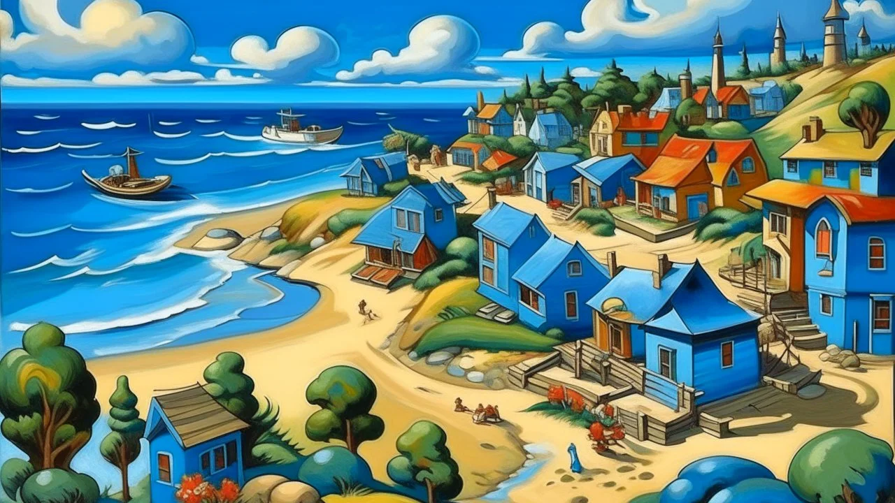 A blue town near a beach painted by Thomas Hart Benton