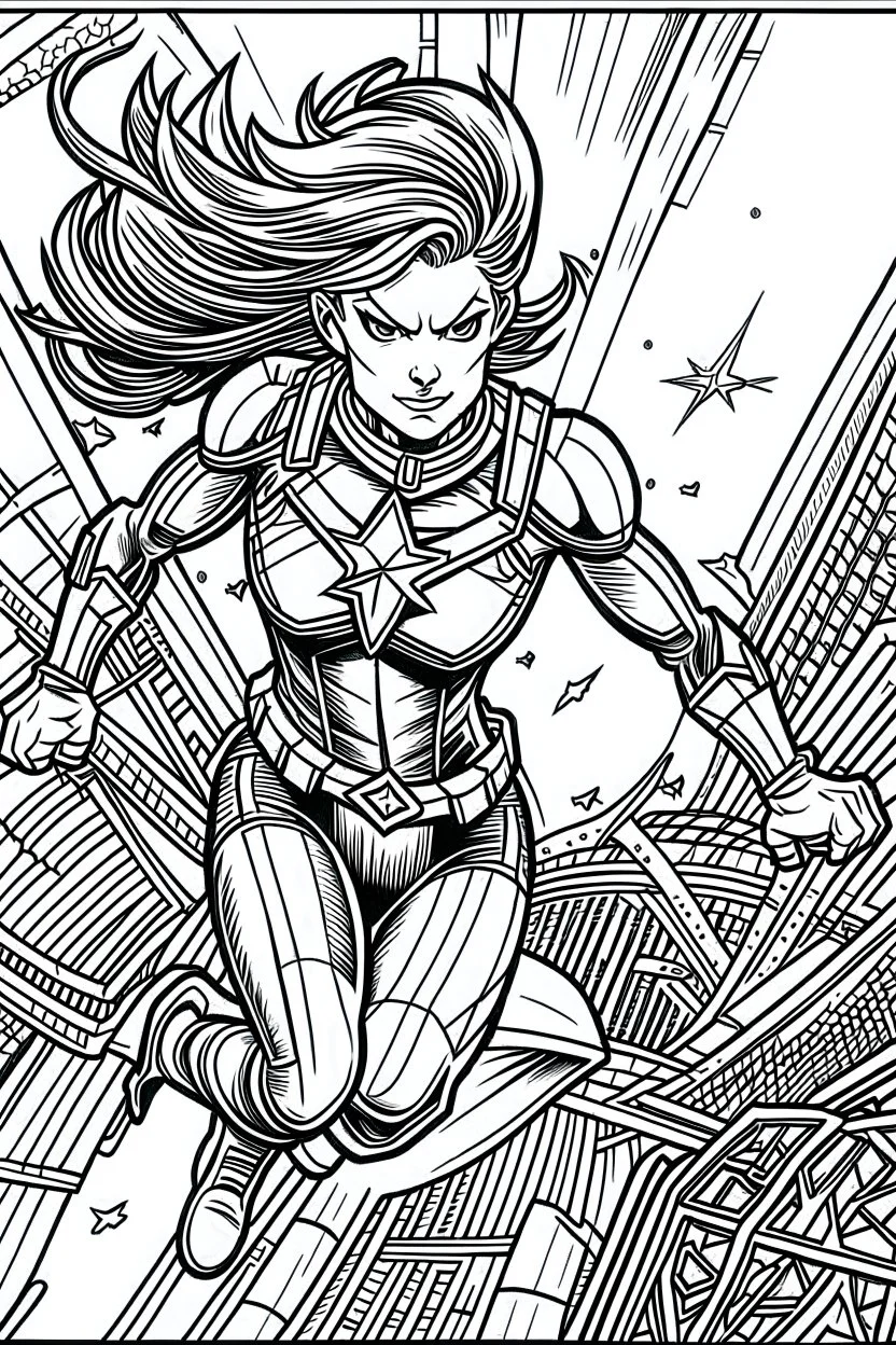 an image of captain marvel in action. kids coloring book. no color. thin crisp lines